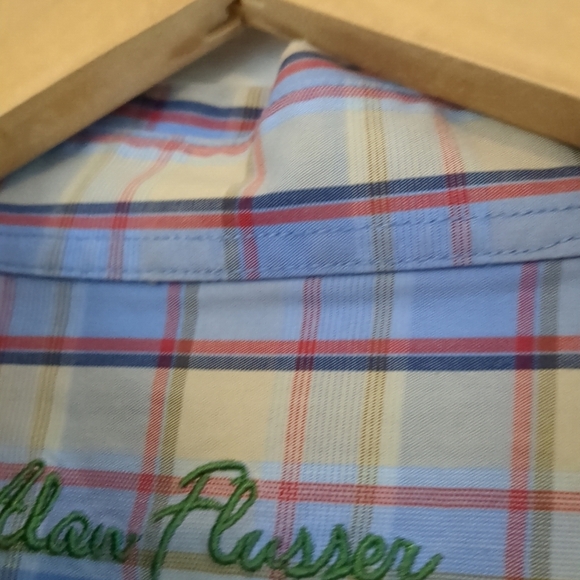 Alan Flusser Shirt Mens XXL Blue and Tan Plaid Casual Buisness Cotton Long - Picture 3 of 7